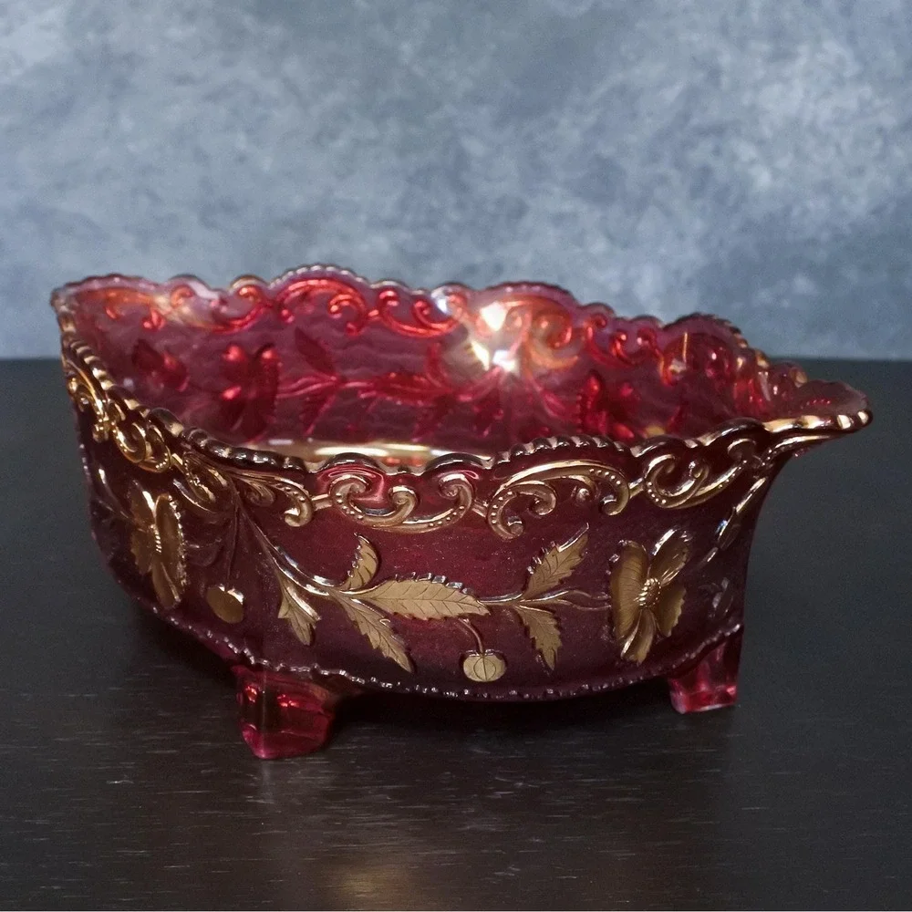 Antique Victorian US Glass Cranberry Flash Gold Floral Embossed Footed Bowl